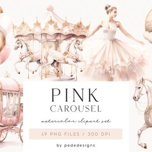Clipart de carrossel rosa aquarela, clipart de aniversariante, ilustração de festa, unicórnio, cavalo, balões, floral rosa, nuvens e lua, download