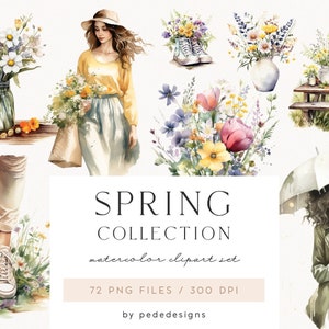 Collection printemps, clipart printanier aquarelle, graphiques printaniers, fleurs printanières, fleurs sauvages, fille aquarelle, autocollants numériques, téléchargement
