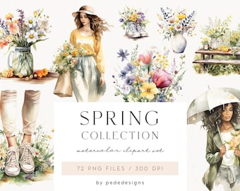 Spring Collection, watercolor spring clipart, spring graphics, spring flowers, wild flowers, watercolor girl, digital stickers, download