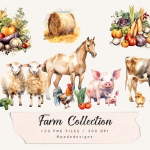 Aquarel boerderij illustraties, boerderijdieren, platteland, inrichting kinderkamer, baby kunst aan de muur, boerenerf, babyshower, koe, varken, hond, paard, download
