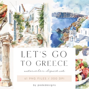 Jedźmy do Grecji, akwarelowe letnie cliparty, podróże, muszle, cliparty cytrynowe, starożytna Grecja, wakacje, Santorini, morze i ocean, pobierz