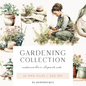Coleção de jardinagem, plantas de jardim em aquarela, gráficos de jardim de primavera, clipart de verão, primavera em aquarela, adesivos de planejador, download