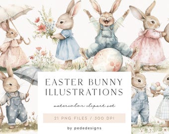 Watercolor Easter Bunny Clipart Set, Spring Animals PNG Graphics (Digital Download)