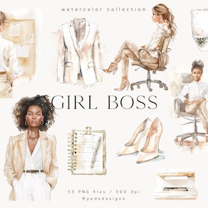 Girl Boss Clipart Set, watercolor clip art, watercolor fashion clipart, lady boss graphics, fashion girl png, office day, download