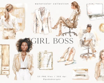 Girl Boss Clipart Set, watercolor clip art, watercolor fashion clipart, lady boss graphics, fashion girl png, office day, download