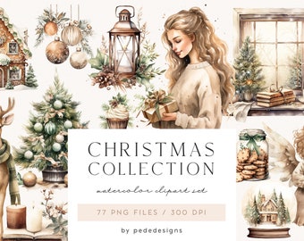 Kolekcja świąteczna Clipart, akwarela przytulna zima, świąteczne cliparty, przytulne Boże Narodzenie, gorące kakao, ciasteczka, pudełka na prezenty, jeleń, niedźwiedź, pobierz