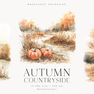 Herbst Landschaft Clip Art Set, Aquarell Landschaft, Herbst Landschaft, Herbst Clipart, Kürbis, Herbst Grafiken, download