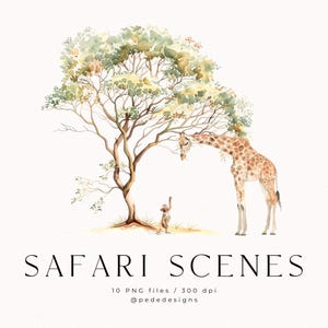 Safari Szenen, Aquarell Clipart, exotische Clipart, Safari Tiere, Dschungel Tiere, Sommer Clipart, Planer Aufkleber, Giraffe, Download