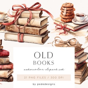 Old Books, watercolor books clipart, reading clipart, vintage watercolor, book lover, books illustrations, coffee time, download