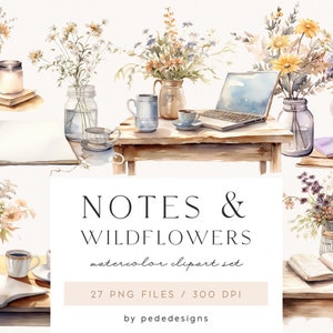 Notes & Wild Flowers, watercolor notebook clipart, floral clipart, reading clipart, book lover, paper sheet, workspace png images, download