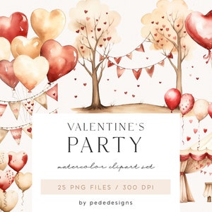 Imágenes prediseñadas de la fiesta del Día de San Valentín de acuarela, imágenes prediseñadas románticas de acuarela, globos de acuarela, gráficos png de banner, imágenes prediseñadas de boda, descargar