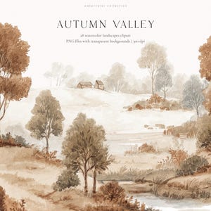 以下が含まれることがあります： AUTUMN VALLEYと題されたデジタル水彩風景イラスト。透明な背景を持つ300dpiの28個の水彩風景クリップアートPNGファイルが含まれています。茶色の木々、なだらかな丘、小さな家々が描かれた田舎の谷の風景です。
