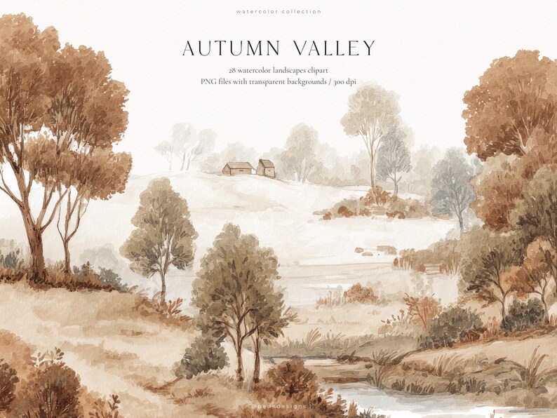 以下が含まれることがあります： AUTUMN VALLEYと題されたデジタル水彩風景イラスト。透明な背景を持つ300dpiの28個の水彩風景クリップアートPNGファイルが含まれています。茶色の木々、なだらかな丘、小さな家々が描かれた田舎の谷の風景です。