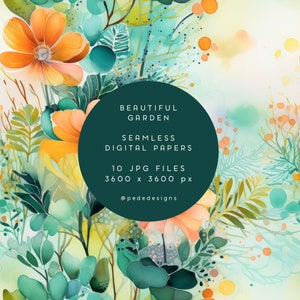 Bellissimo pacchetto di carta digitale da giardino, fiori di prato, motivo senza cuciture, arte botanica, libri verdi, fiori d'arancio, scrapbooking, download