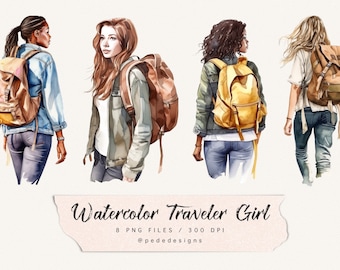 Watercolor Travel Girl clip art, watercolor fashion clipart, travel graphics, fashion girl png, girl in hat, summer clip art download