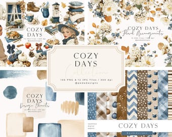 May include: A digital graphic design collection titled Cozy Days featuring watercolour illustrations of autumn themes, including pumpkins, floral arrangements, cosy clothing, and seamless patterns in shades of blue, brown, and white.