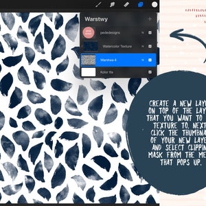 Może przedstawiać: Ilustracja cyfrowa pokazująca, jak dodać teksturę akwarelową do projektu w programie do grafiki komputerowej. Obraz przedstawia wz&oacute;r tekstury akwarelowej w kolorze niebieskim i białym, panel warstw programu do grafiki komputerowej oraz okrąg z instrukcjami, jak dodać maskę przycinania.