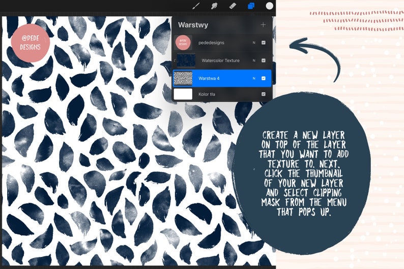 Może przedstawiać: Ilustracja cyfrowa pokazująca, jak dodać teksturę akwarelową do projektu w programie do grafiki komputerowej. Obraz przedstawia wz&oacute;r tekstury akwarelowej w kolorze niebieskim i białym, panel warstw programu do grafiki komputerowej oraz okrąg z instrukcjami, jak dodać maskę przycinania.