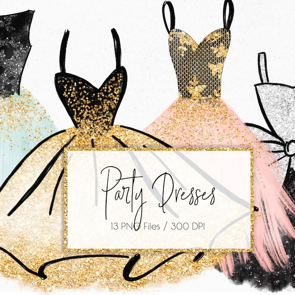 Party Kleider Clipart, gold, handgemalt, Glitzer Clipart, Mode Illustration, Sparkle Elements, Aquarell, download