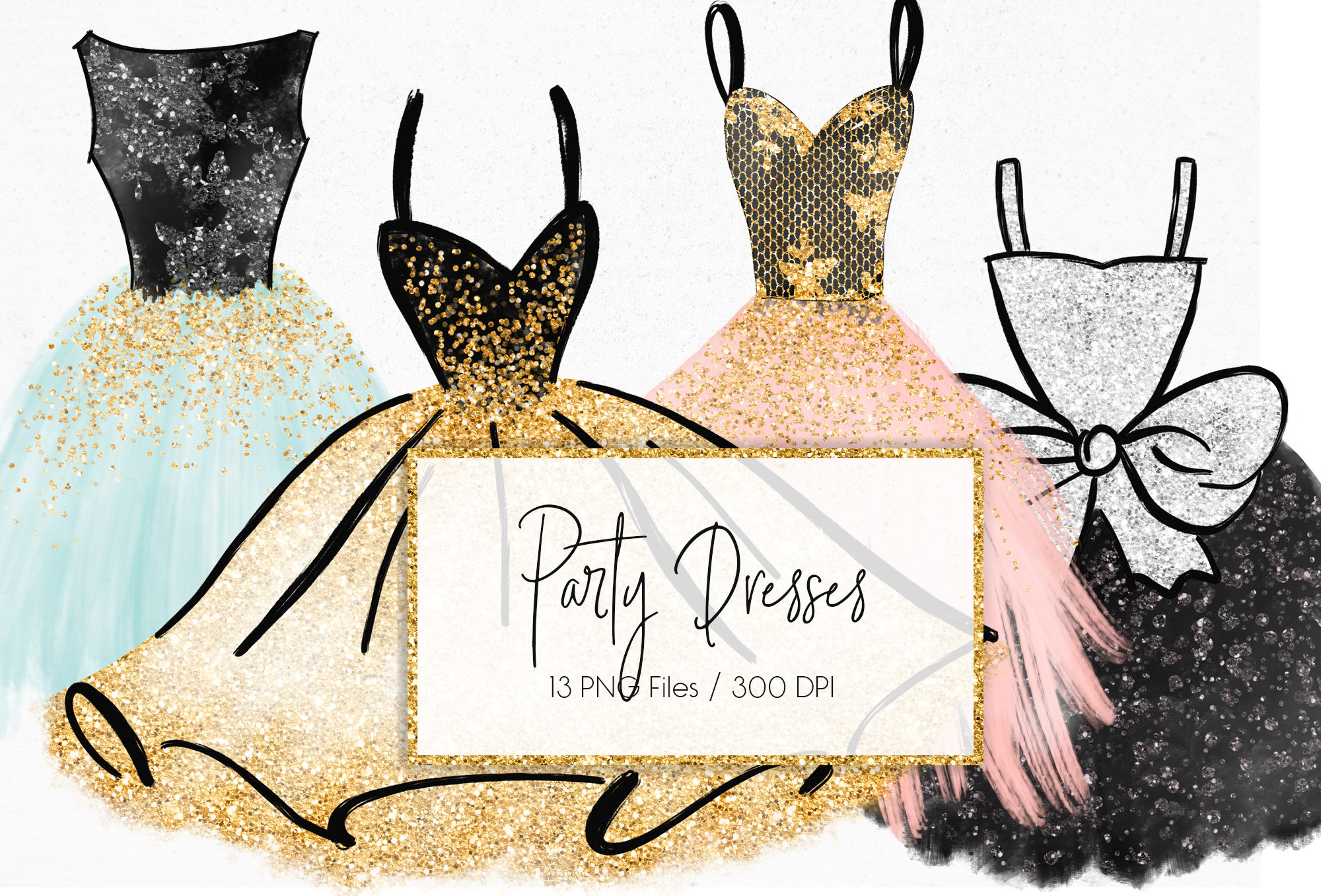 Party Dresses Clipart Gold Hand Painted Glitter Clipart Etsy UK