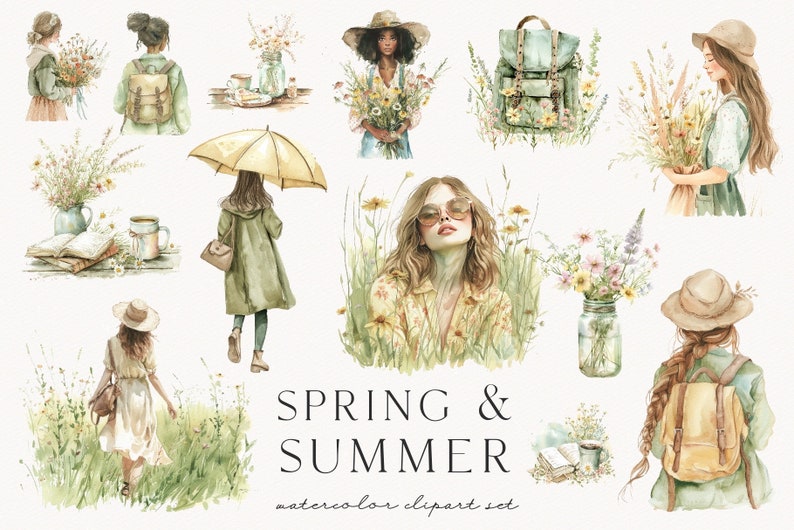 May include: Watercolor clipart set featuring illustrations of women, flowers, books, and other spring and summer themed elements. The text "SPRING & SUMMER watercolor clipart set" is included in the image.