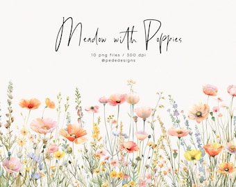 Meadow with Poppies, watercolor green meadow clipart, watercolor wild flowers, floral arrangement, floral border, poppy flower, download