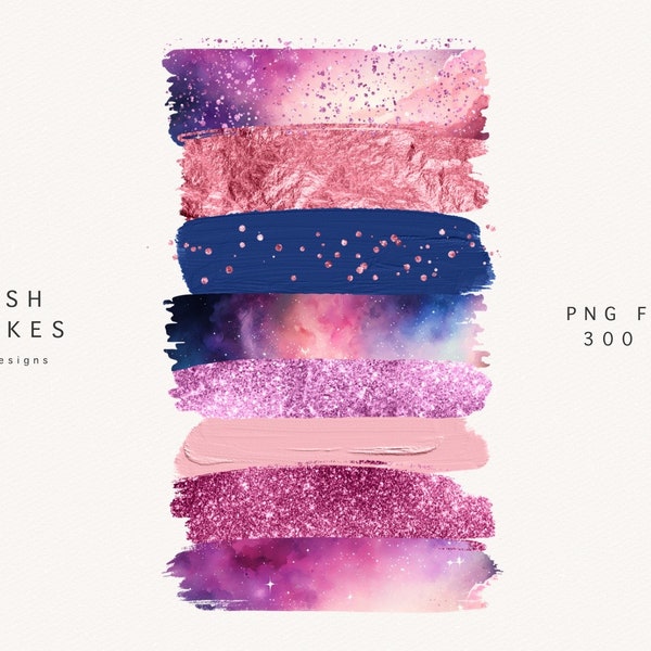 Brush strokes clipart, galaxy, night sky, rose gold foil, purple glitter, confetti, paint strokes, paint elements, washi tapes, download