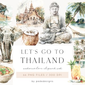 Andiamo in Thailandia, clipart estive dell'acquerello, viaggi, scenari tailandesi, clipart tropicali, esotici, scrapbooking, estetica, download