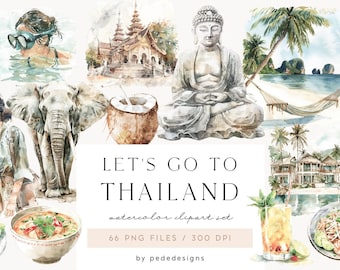 Let's go to Thailand, watercolor summer clipart, travel, Thailand sceneries, tropical clipart, exotic, scrapbooking, aesthetic, download
