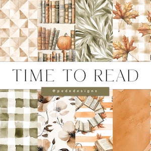 Könnte beinhalten: Ein digitales Papierpaket mit 12 nahtlosen Mustern in Herbstfarben und -themen. Die Muster umfassen Bücher, Blätter, geometrische Formen und florale Designs. Der Text "TIME TO READ" wird in der Mitte des Bildes angezeigt.