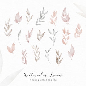 May include: A set of 18 watercolor leaves in shades of pink, gray, and brown. The leaves are hand-painted and perfect for adding a touch of nature to your designs.