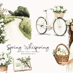 May include: A watercolour illustration set featuring a white bicycle with a basket of white flowers, a woman with a white dress and a flower crown, a basket of white eggs, a book with white flowers, and a white house with a path leading to it. The text "Spring Whispering" is written in black cursive font. 62 PNG files / 300 dpi @pededesigns