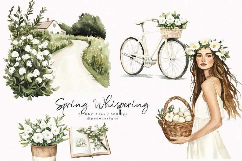 May include: A watercolour illustration set featuring a white bicycle with a basket of white flowers, a woman with a white dress and a flower crown, a basket of white eggs, a book with white flowers, and a white house with a path leading to it. The text "Spring Whispering" is written in black cursive font. 62 PNG files / 300 dpi @pededesigns