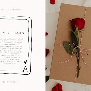 May include: A brown gift box tied with red and white twine, adorned with a red rose and green leaves. The left side features a black and white card design with the text "WHIMSY FRAMES".
