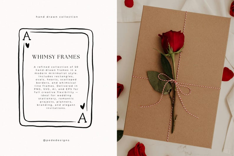 May include: A brown gift box tied with red and white twine, adorned with a red rose and green leaves. The left side features a black and white card design with the text "WHIMSY FRAMES".