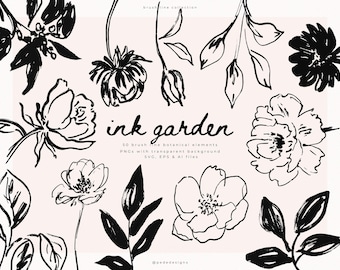 Hand Drawn Botanical Line Art Clipart  | SVG, Vector & PNG Bundle | Ink Flower Clipart (Digital Download)