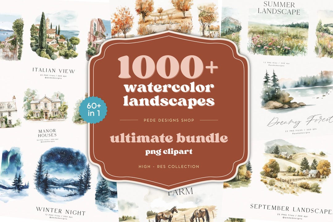 1000+ Watercolor Landscape Clipart Bundle | Seasonal Nature Scenes PNG ...