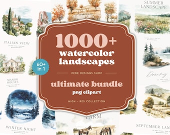1000+ Watercolor Landscape Clipart Bundle | Seasonal Nature Scenes PNG | Spring Summer Autumn Winter Landscapes | Cottagecore Countryside