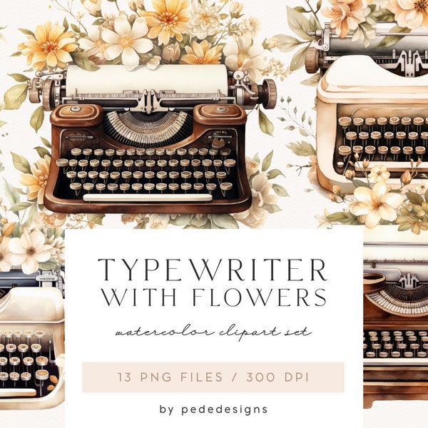 Typewriter with Flowers, retro typewriter clipart, cottage, floral shabby, watercolor floral png, logo elements, planner clipart, download