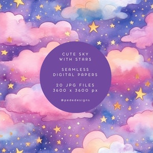 Schattig hemel digitaal papier, kinderkamer digitaal papierpakket, wolken naadloos patroon, mooie achtergrond, schattige melkweg, pastelkleuren, downloaden