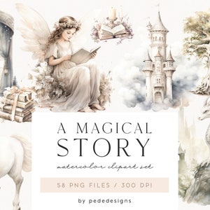 A Magical Story, Aquarell Illustrationen, Vollmond Clipart, Nachthimmel, Mond und Sterne, Bücher, magischer Baum, Drache, download