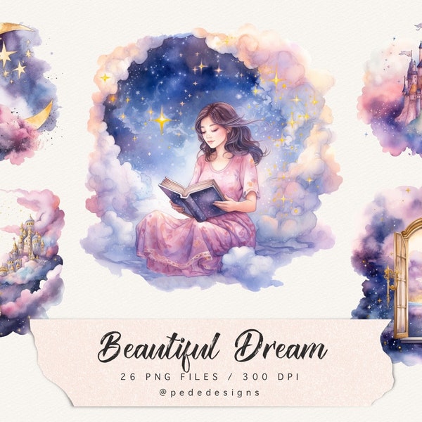 Beautiful Dream illustrations, crescent moon, pink purple sky, princess graphics, castle clipart, clouds and stars, storybook, download