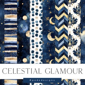 Set di carte digitali Celestial Glamour, pacchetto di carte digitali luna, motivo oro, motivi senza soluzione di continuità, carte digitali a tema, blu navy, download