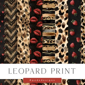 May include: A selection of seamless digital papers featuring diverse patterns. Designs include leopard print, red hearts on black, a zigzag pattern, red lips, strawberries, and geometric shapes. The text "LEOPARD PRINT" is displayed.