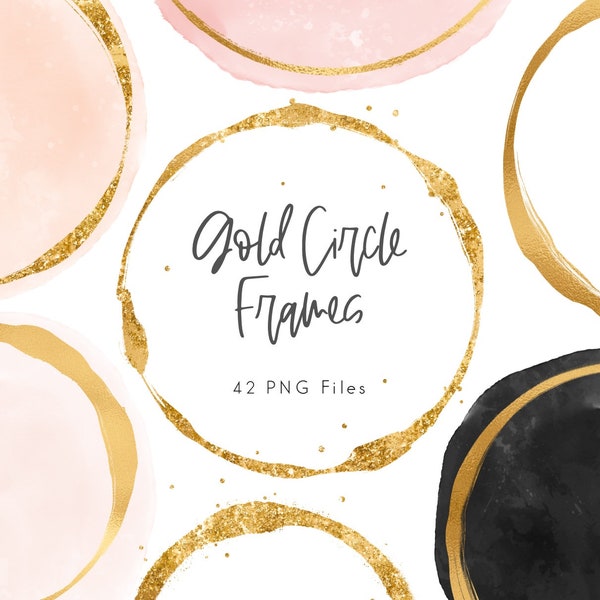 Gold circle frames, gold design elements, watercolor circles, foil & glitter, metallic, for logo, blog, frames clip art, sparkly, download