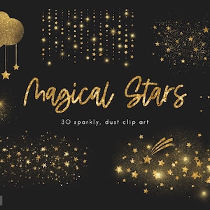 Gouden magische sterren, ster png, glitter illustraties, mystieke maan, sprankelende textuur, sterrenstof, sprookjesachtige clipart, vallende ster, stof, download