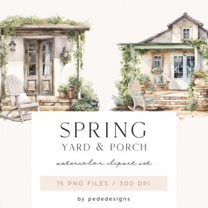 Spring Yard & Porch, Aquarell Frühling Landschaft, Sommer png Grafik, Schaukelstuhl, Bank, Landschaft, rustikale Clipart, Download