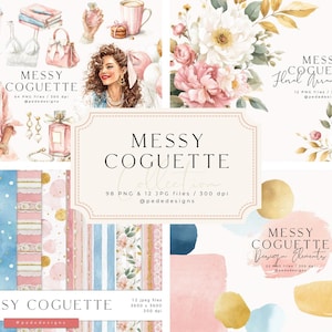 Collection Coguette désordonnée, clipart aquarelle, fille rose png, motifs sans couture, clipart bouquet, fleurs, rose et or, mode, téléchargement