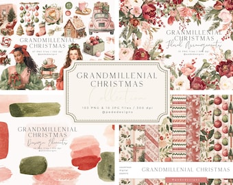 May include: A digital collection titled Grandmillennial Christmas featuring watercolor illustrations of holiday scenes, floral arrangements, design elements, and seamless patterns in red, green, and pink tones with 103 PNG and 10 JPG files.