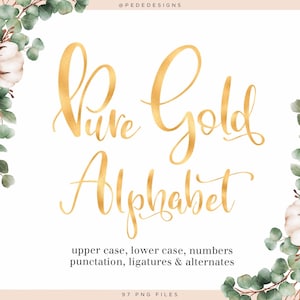Clipart de alfabeto de folha de ouro, alfabeto digital de ouro puro, clipart de letras frustradas, letras desenhadas à mão, números, download